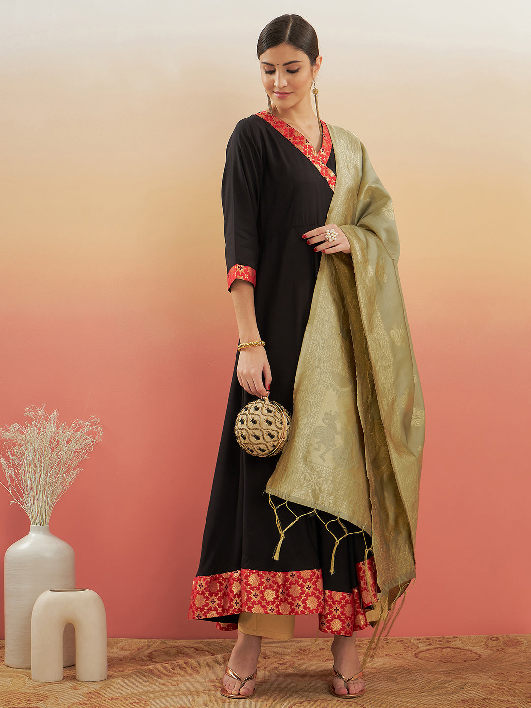 InWeave Women's Black Red Border Anarkali W Golden Wedding Brocade Dupatta