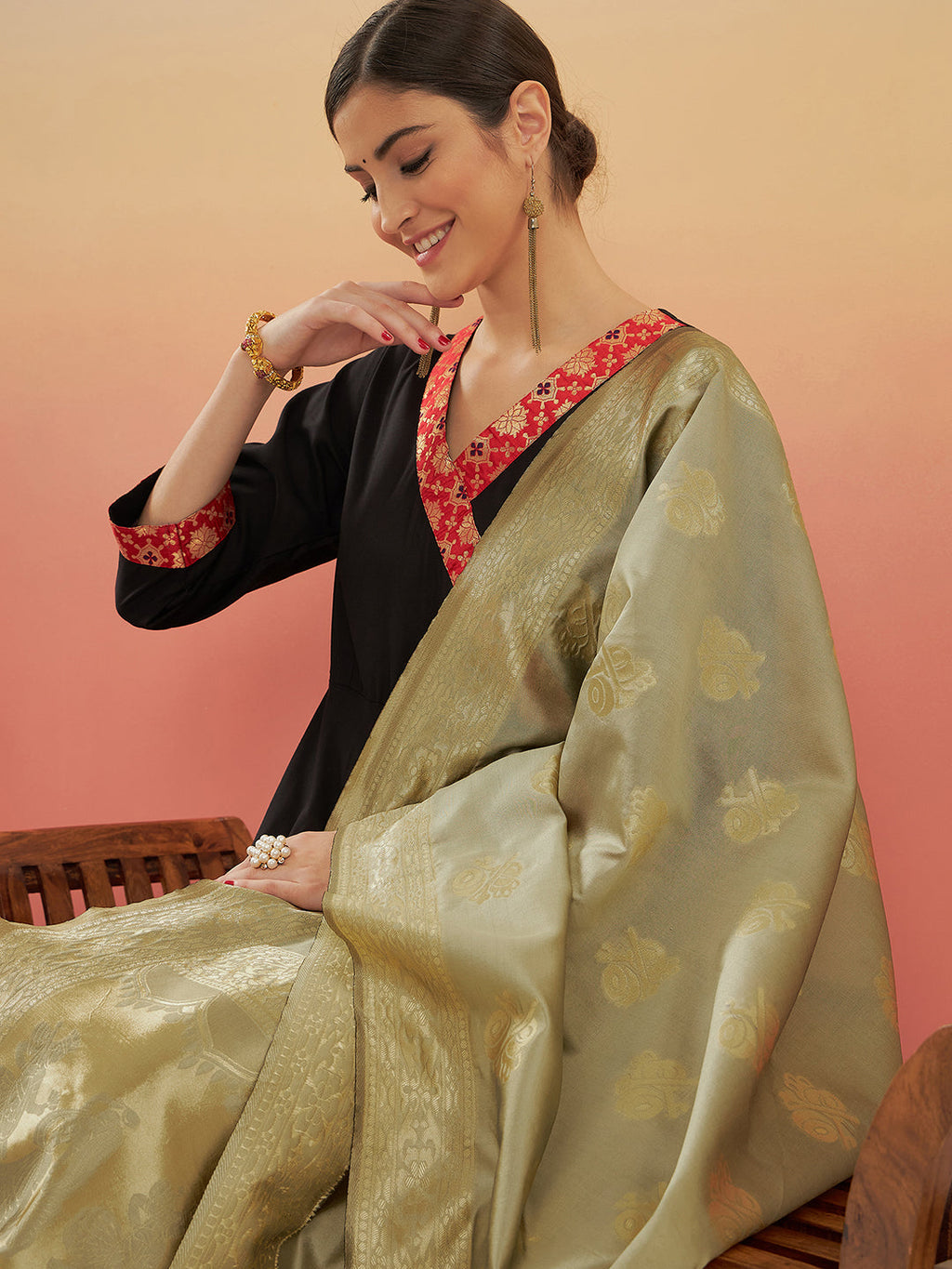 InWeave Women's Black Red Border Anarkali W Golden Wedding Brocade Dupatta