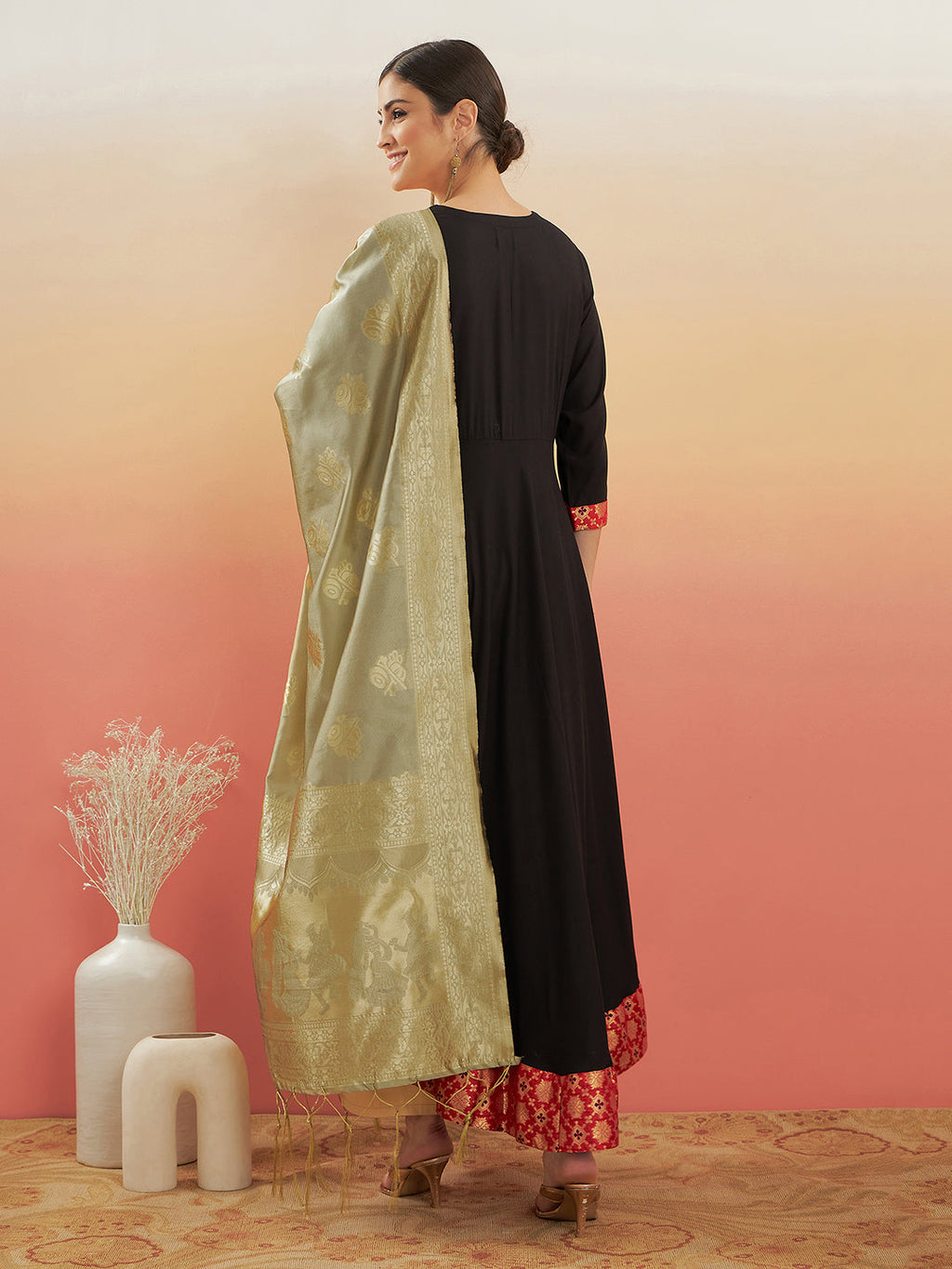 InWeave Women's Black Red Border Anarkali W Golden Wedding Brocade Dupatta