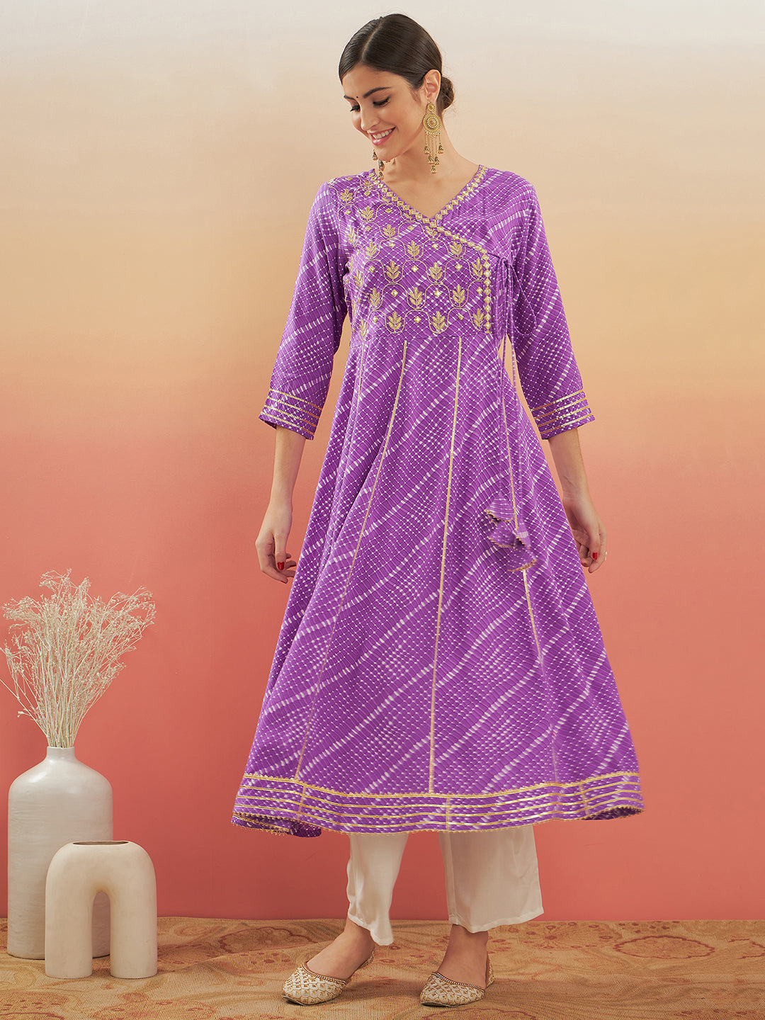 InWeave Women's Lilac Purple Lehriya Gota Work Angrakha Style Anarkali Kurta