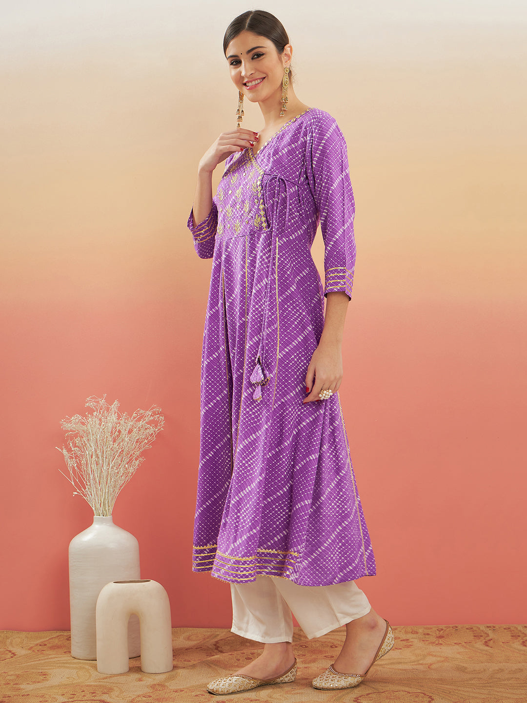 InWeave Women's Lilac Purple Lehriya Gota Work Angrakha Style Anarkali Kurta