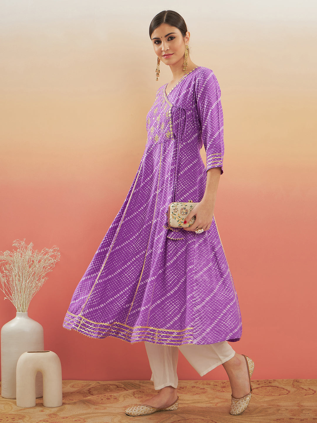 InWeave Women's Lilac Purple Lehriya Gota Work Angrakha Style Anarkali Kurta