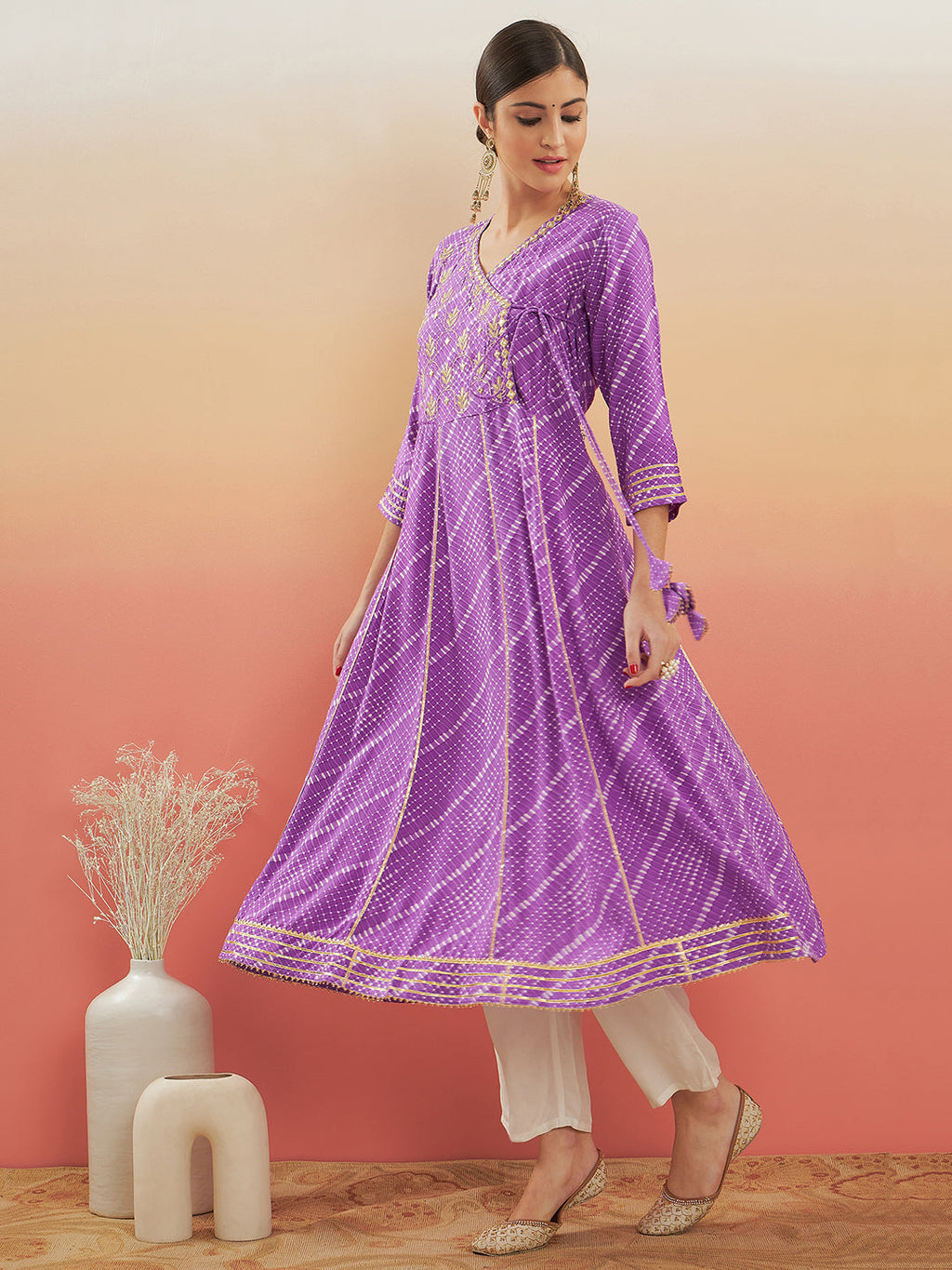 InWeave Women's Lilac Purple Lehriya Gota Work Angrakha Style Anarkali Kurta