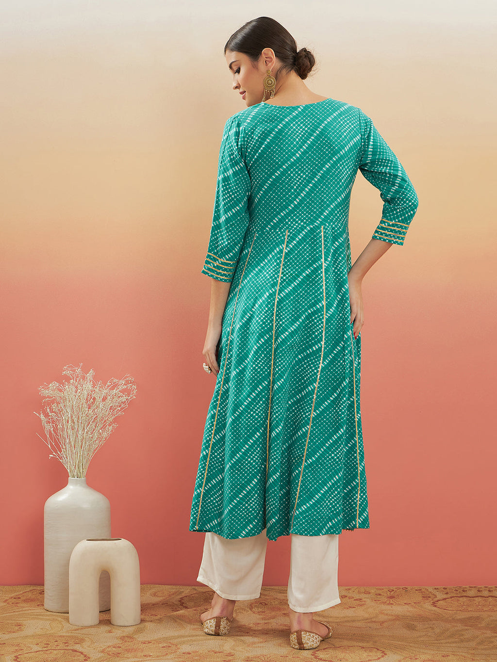 InWeave Women's Teal Lehriya Gota Work Angrakha Style Anarkali Kurta