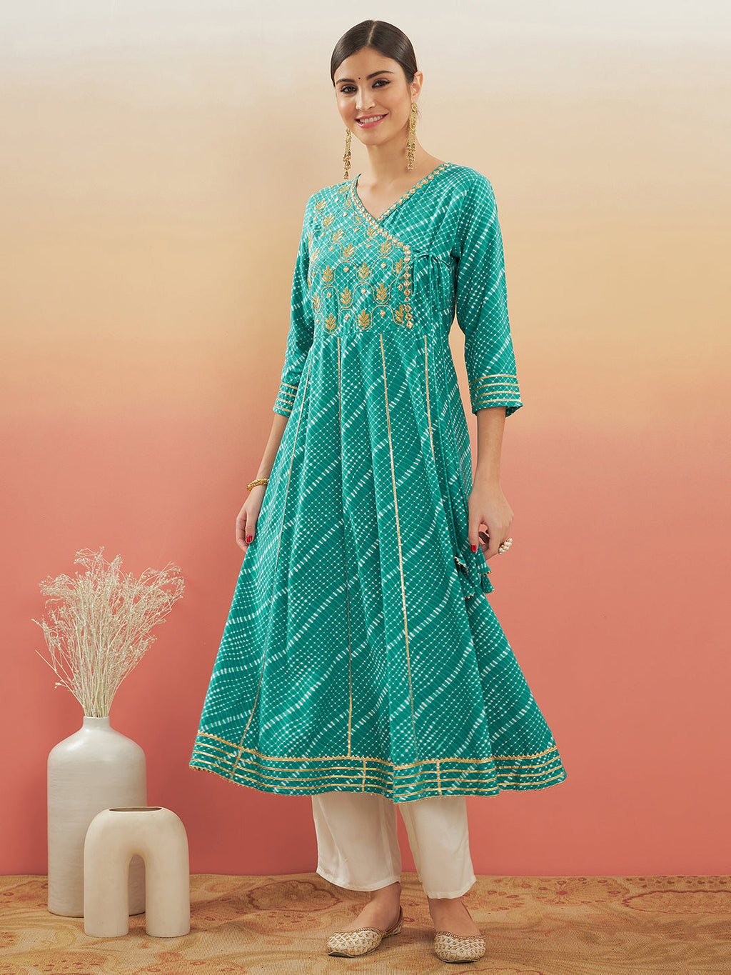 InWeave Women's Teal Lehriya Gota Work Angrakha Style Anarkali Kurta