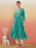InWeave Women's Teal Lehriya Gota Work Angrakha Style Anarkali Kurta