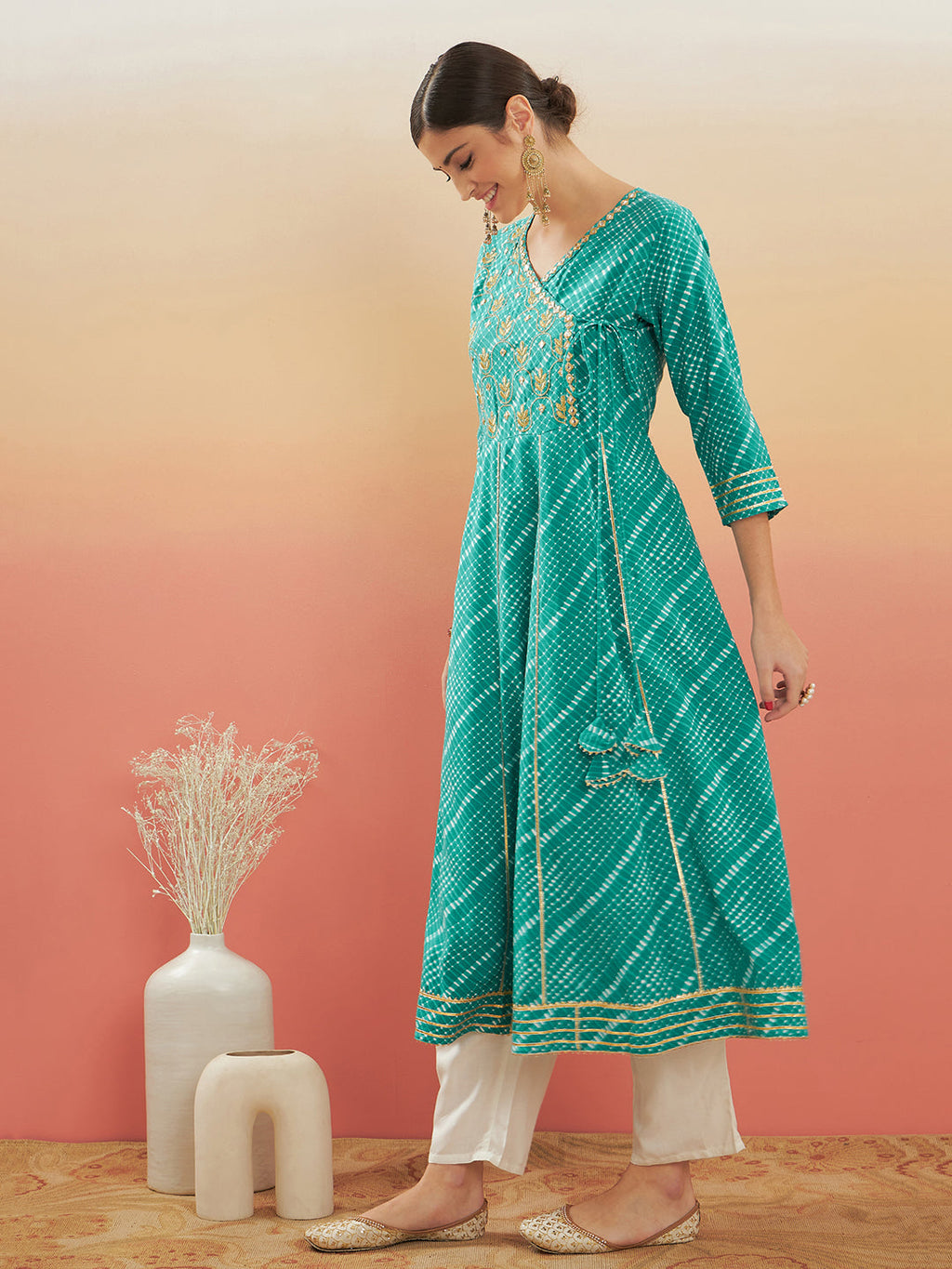 InWeave Women's Teal Lehriya Gota Work Angrakha Style Anarkali Kurta