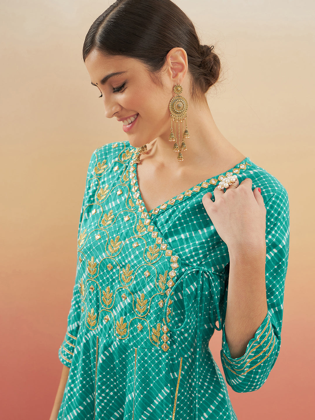 InWeave Women's Teal Lehriya Gota Work Angrakha Style Anarkali Kurta