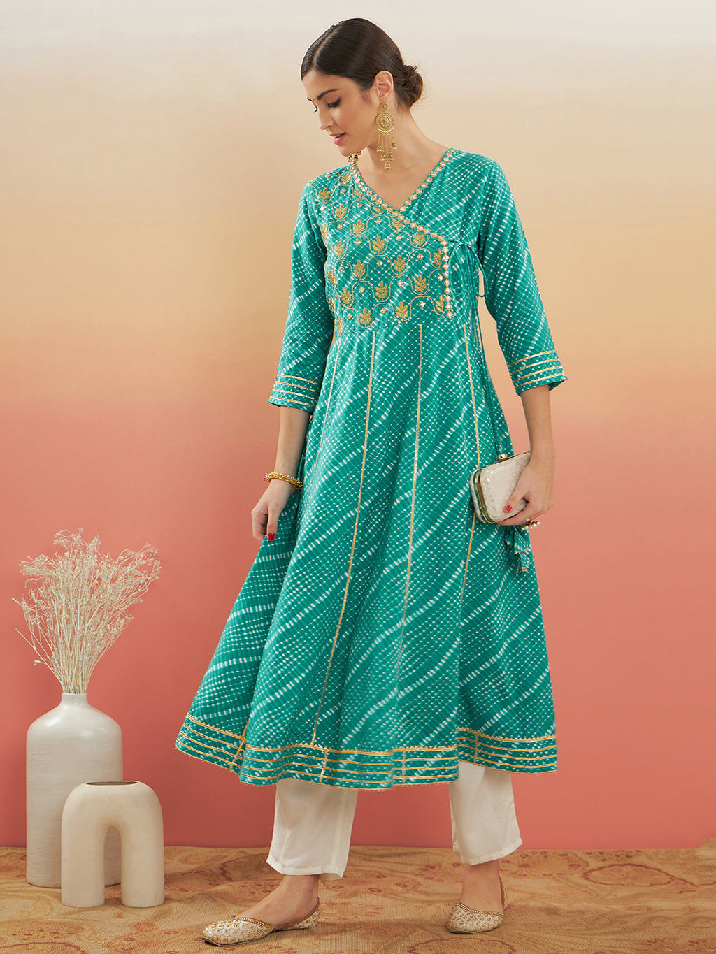 InWeave Women's Teal Lehriya Gota Work Angrakha Style Anarkali Kurta
