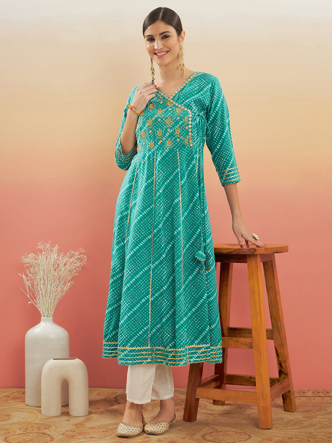 InWeave Women's Teal Lehriya Gota Work Angrakha Style Anarkali Kurta