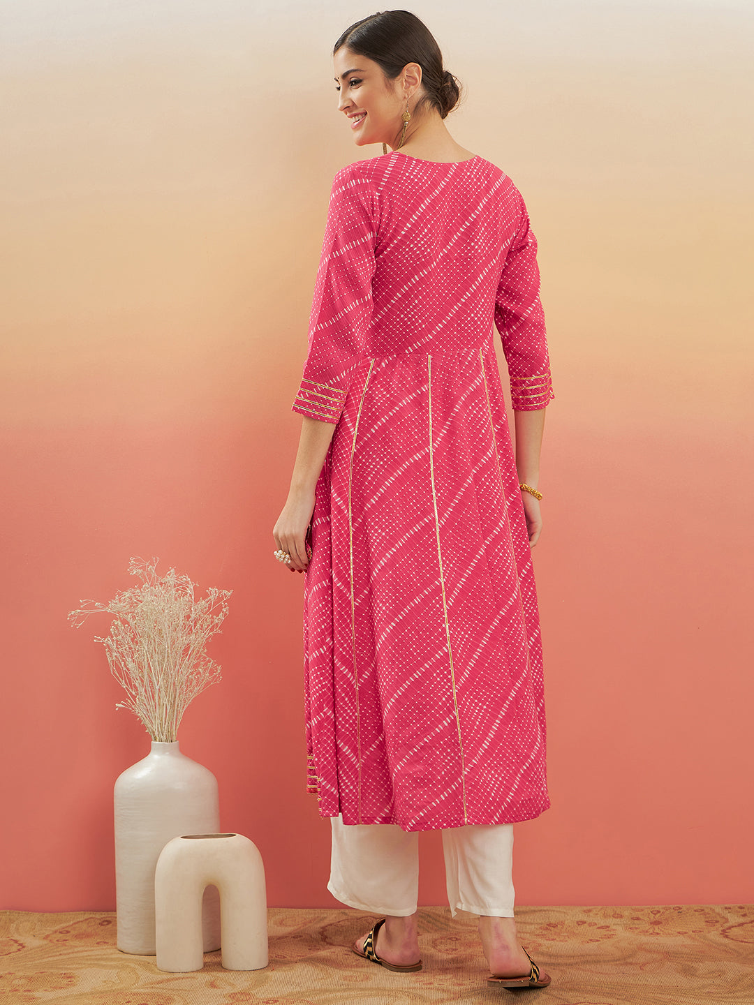 InWeave Women's Punch Pink Lehriya Gota Work Angrakha Style Anarkali Kurta
