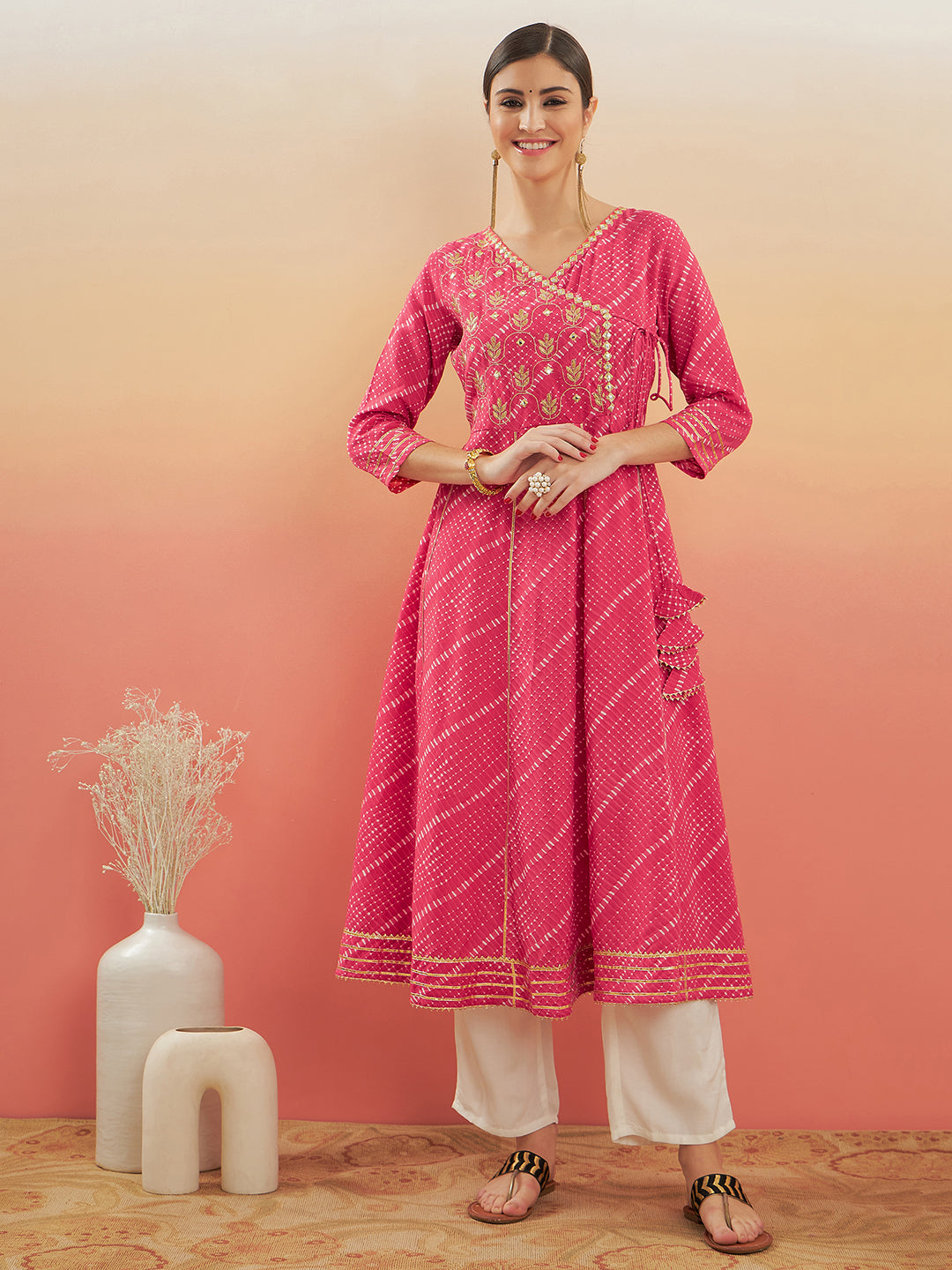 InWeave Women's Punch Pink Lehriya Gota Work Angrakha Style Anarkali Kurta