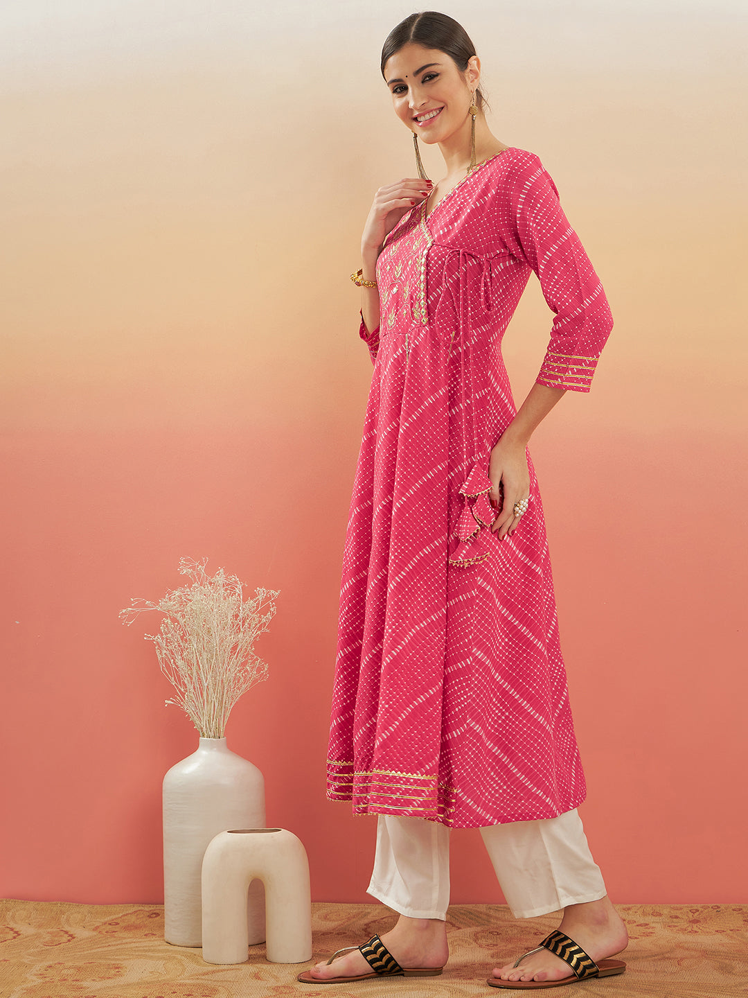 InWeave Women's Punch Pink Lehriya Gota Work Angrakha Style Anarkali Kurta
