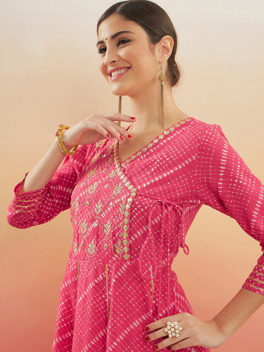 InWeave Women's Punch Pink Lehriya Gota Work Angrakha Style Anarkali Kurta