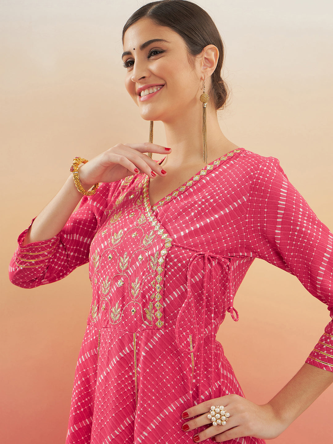 InWeave Women's Punch Pink Lehriya Gota Work Angrakha Style Anarkali Kurta