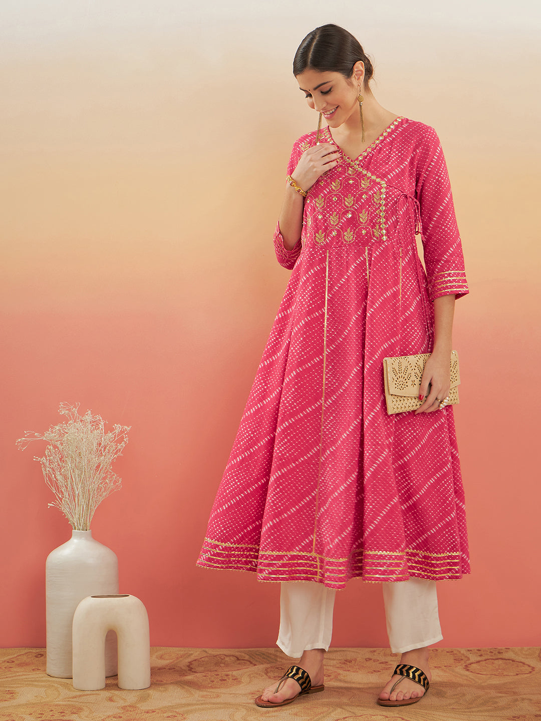 InWeave Women's Punch Pink Lehriya Gota Work Angrakha Style Anarkali Kurta