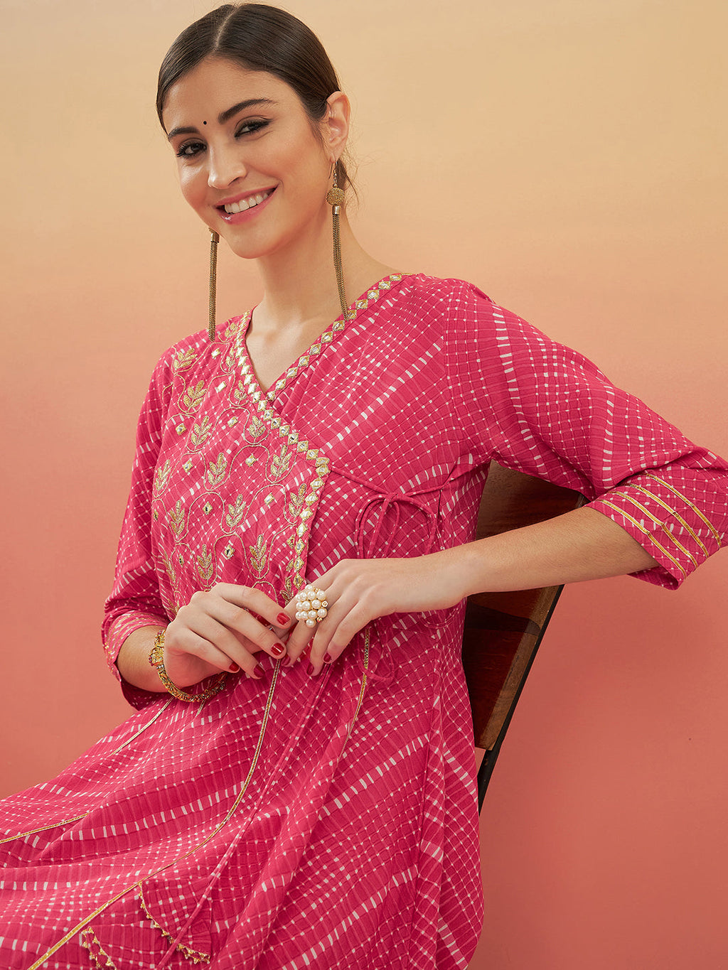 InWeave Women's Punch Pink Lehriya Gota Work Angrakha Style Anarkali Kurta
