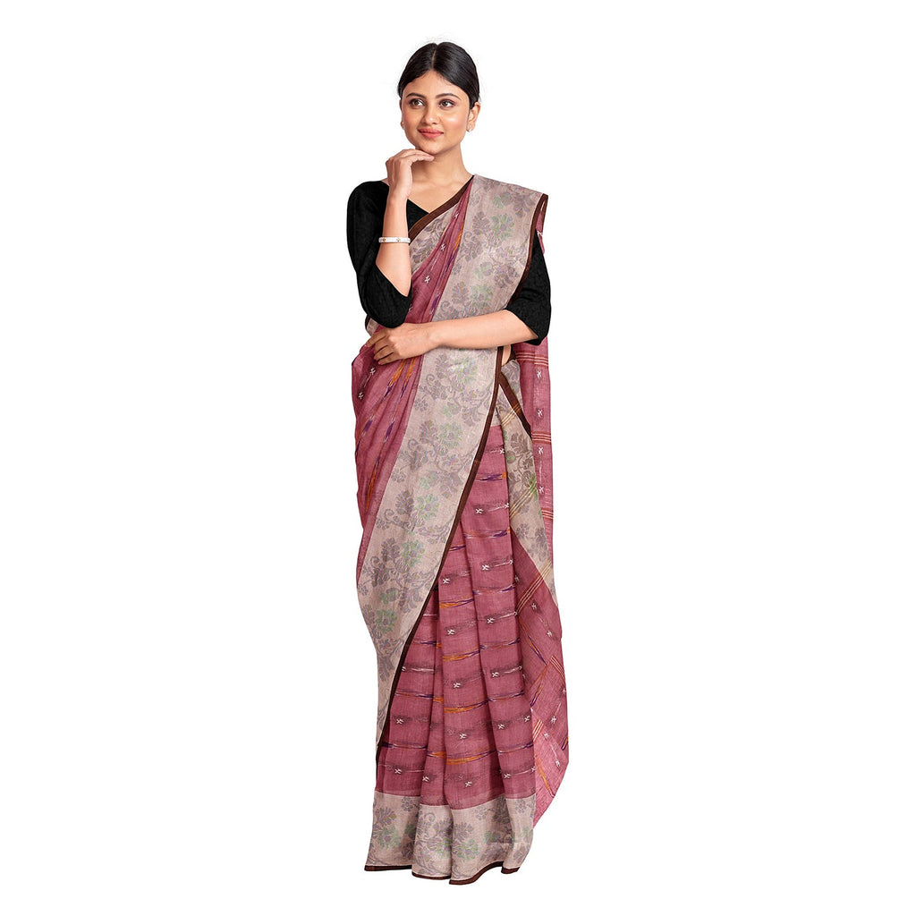 Exclusive Collection 100% Pure Cotton Mauve Tant Saree With Hand Weaving Work