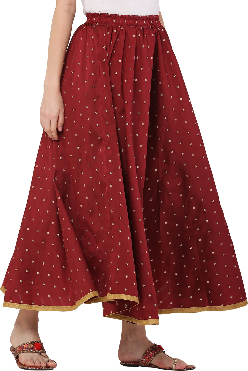 PAVONINE Maroon Color Golden Zari Work Satan Fabric Maxi Skirt For Women