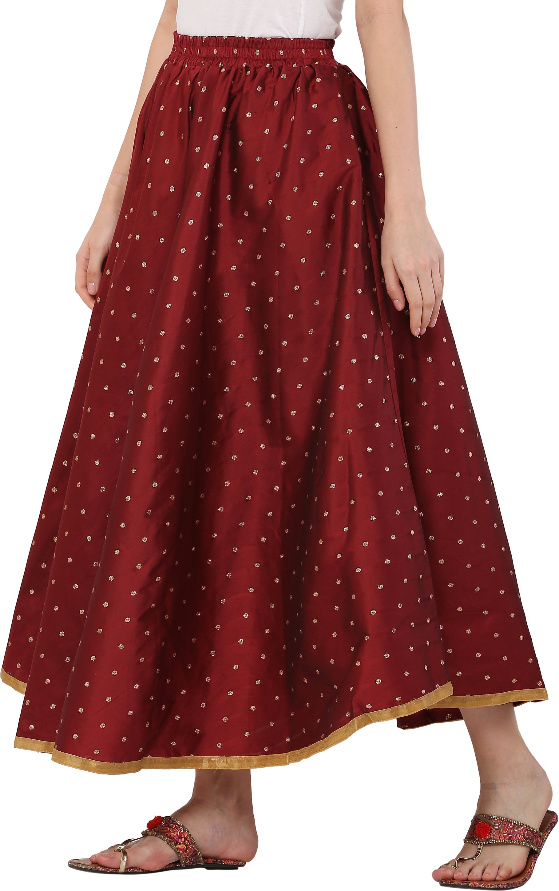 PAVONINE Maroon Color Golden Zari Work Satan Fabric Maxi Skirt For Women