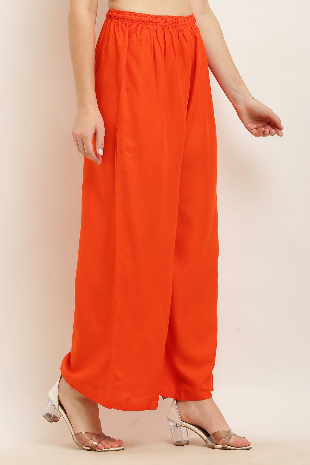 PAVONINE Orange Color Straight Fit Rayon Fabric Palazzo