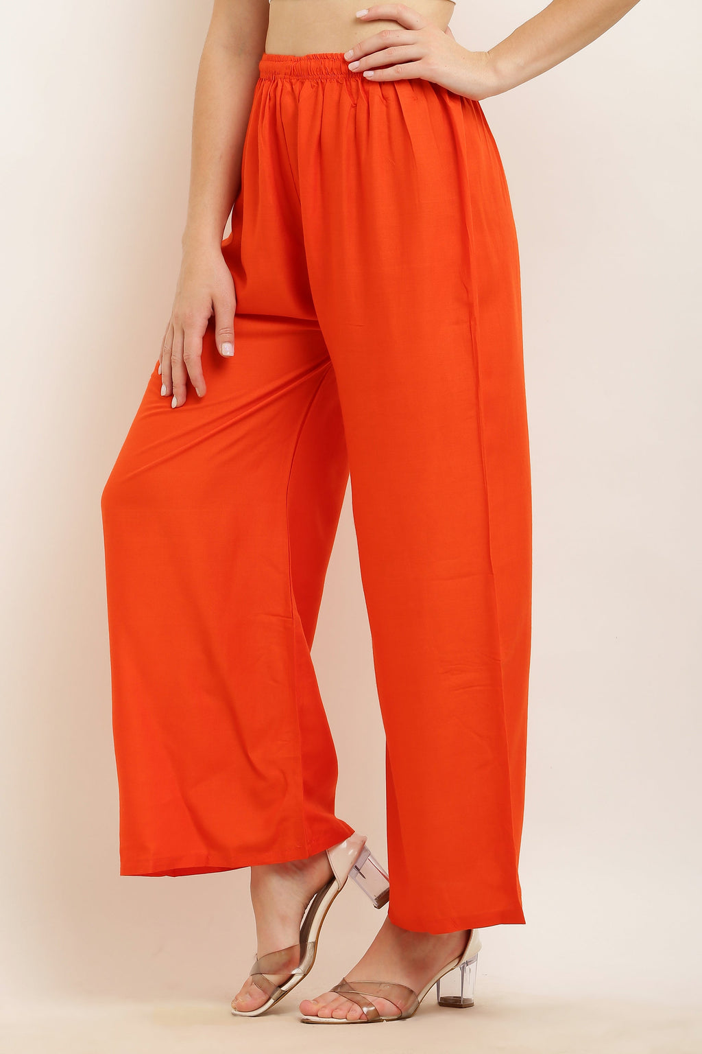 PAVONINE Orange Color Straight Fit Rayon Fabric Palazzo