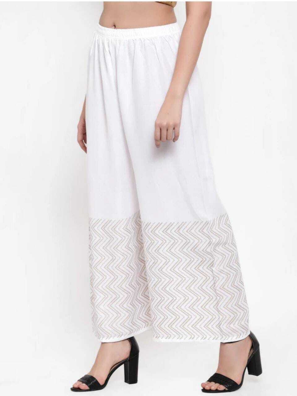 PAVONINE White Color Rayon Fabric Zig-Zag Printed Palazzo For Women