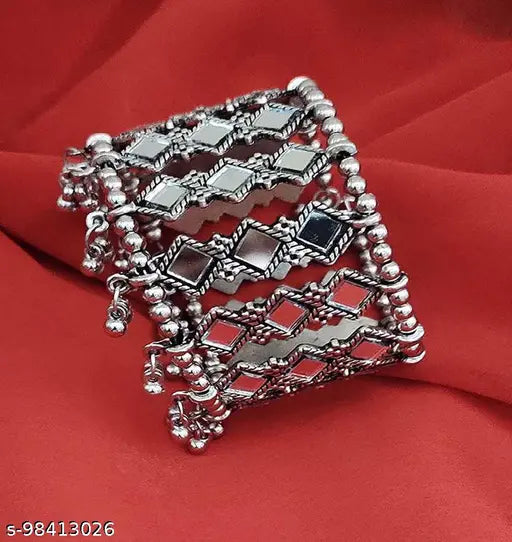 Tehzeeb Creations Women's Silver Colour Oxidised Necklace,Earrings And Bangle In Mirror Design
