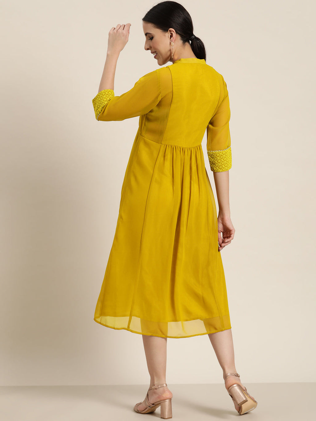 Juniper Mustard Georgette Lacy Midi Dress With Yoke Embroidery & Show Buttons