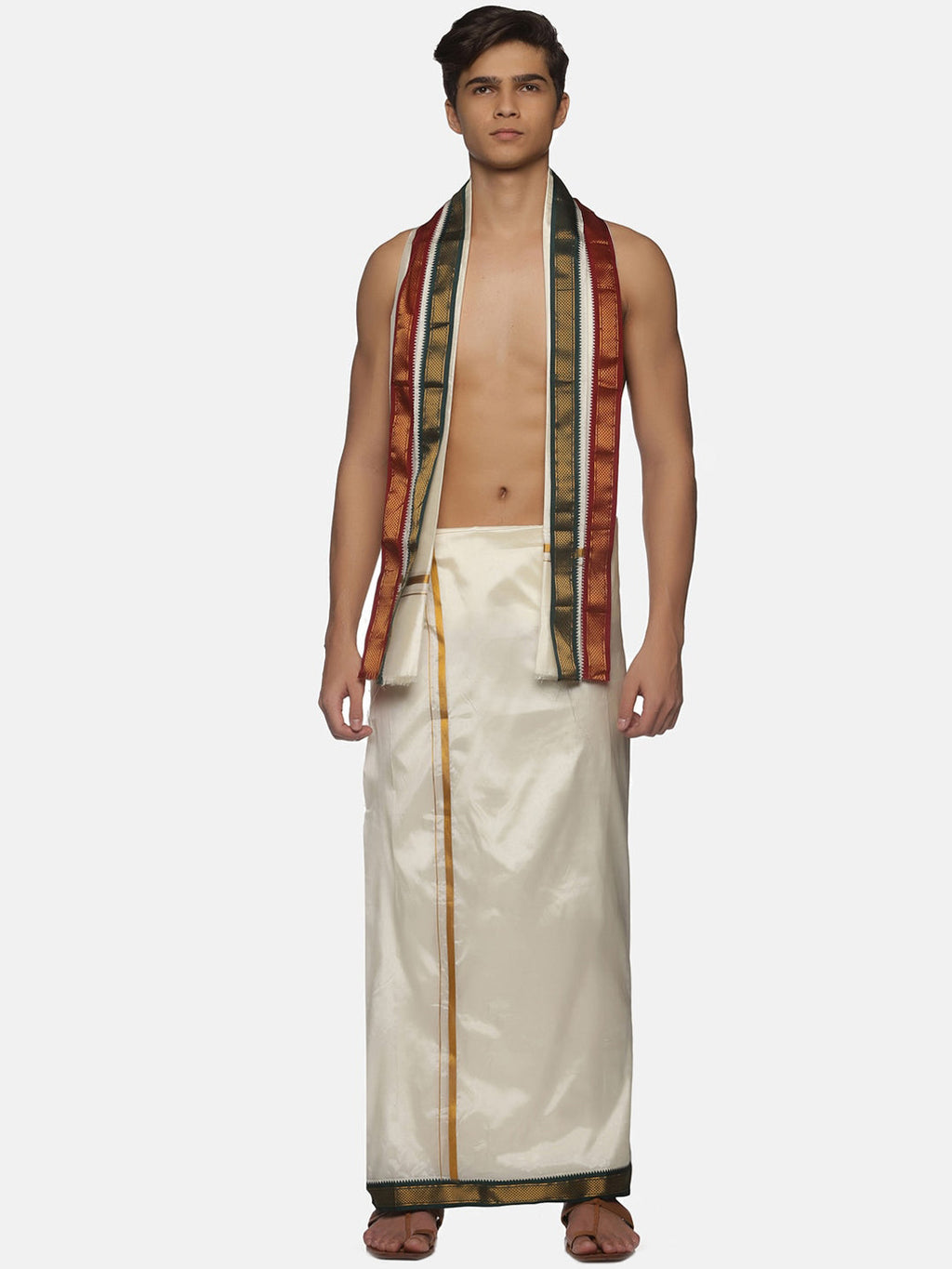 Sethukrishna Men Cream-Coloured Solid Dhotis With Angavastram