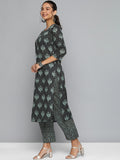 HERE&NOW Women Black & Green Printed Pure Cotton Kurta with Trousers