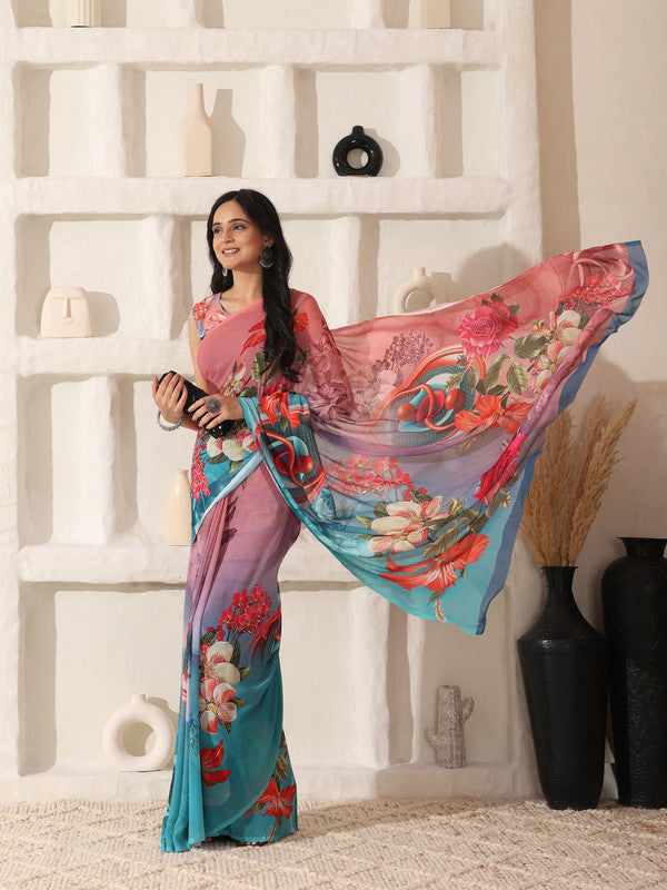 Shivam Fabrics Pink Georgette Fabric Printed Saree