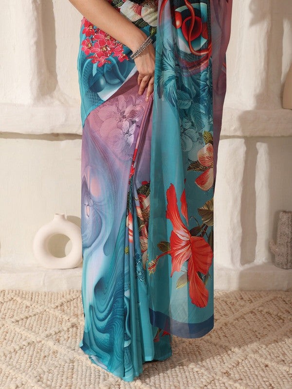 Shivam Fabrics Pink Georgette Fabric Printed Saree