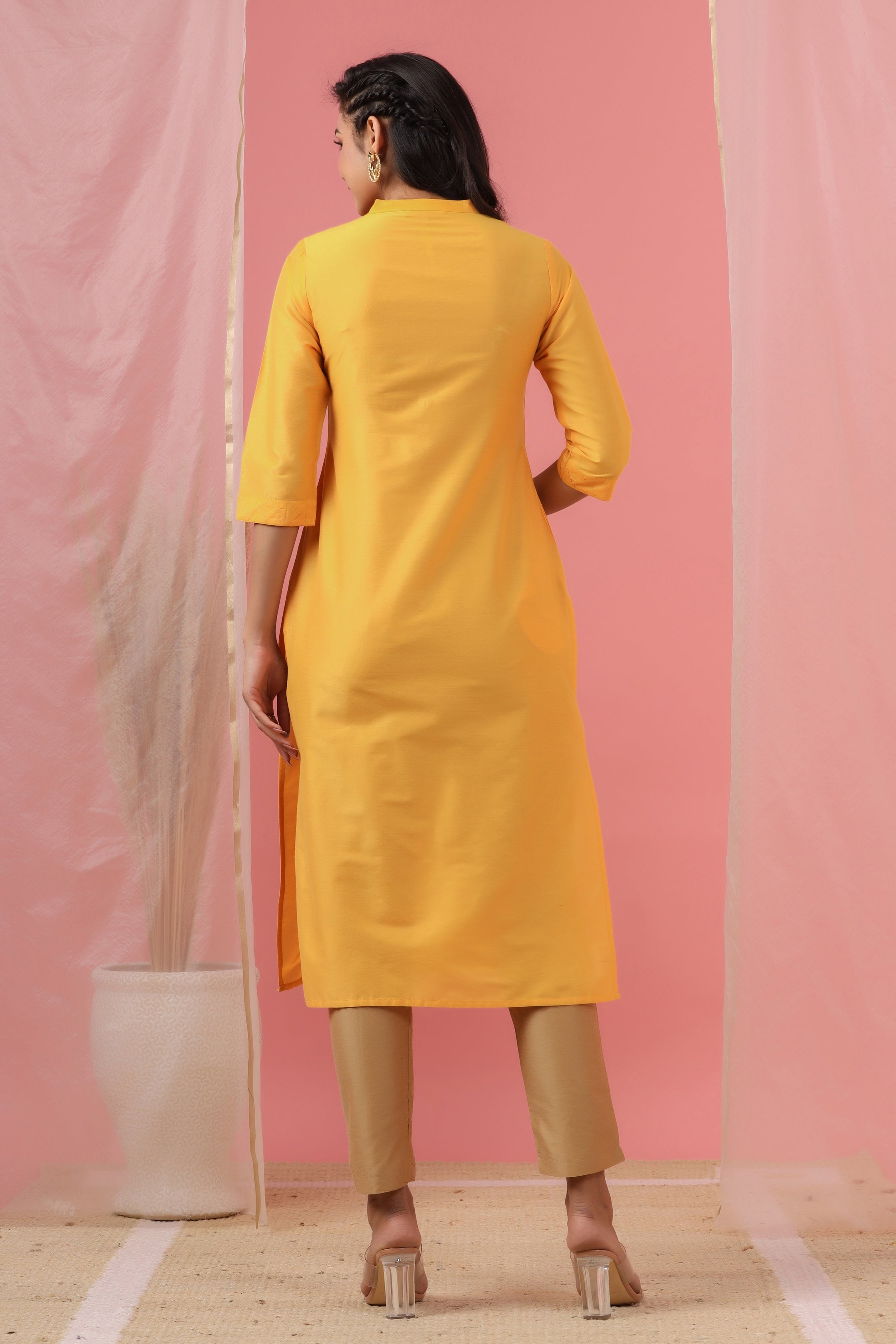 Juniper Women's Mustard Tussar Silk Solid Straight Kurta