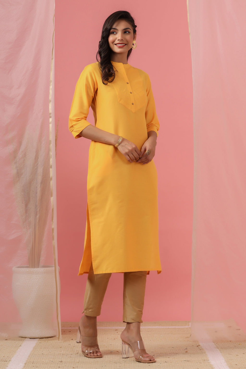 Juniper Women's Mustard Tussar Silk Solid Straight Kurta