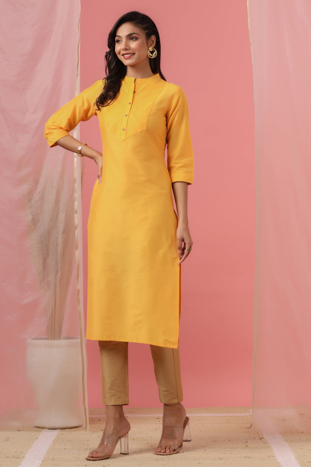 Juniper Women's Mustard Tussar Silk Solid Straight Kurta