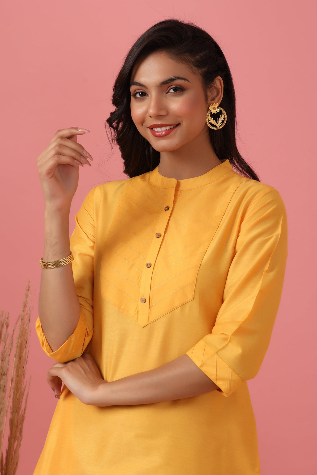 Juniper Women's Mustard Tussar Silk Solid Straight Kurta