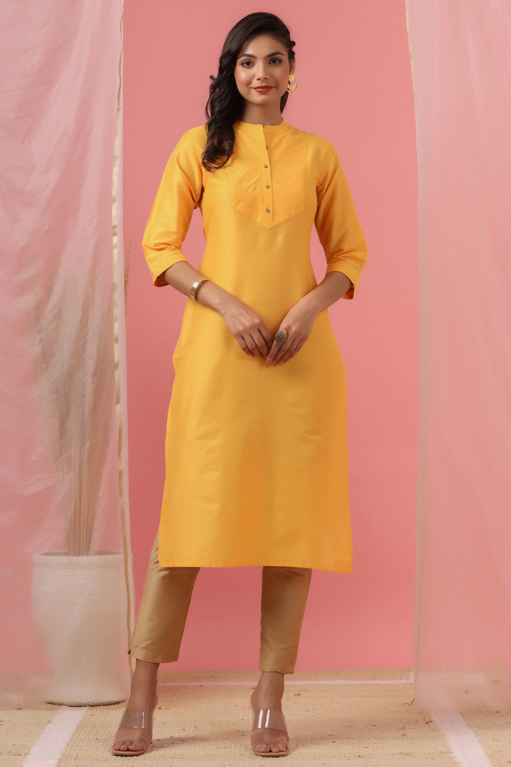 Juniper Women's Mustard Tussar Silk Solid Straight Kurta