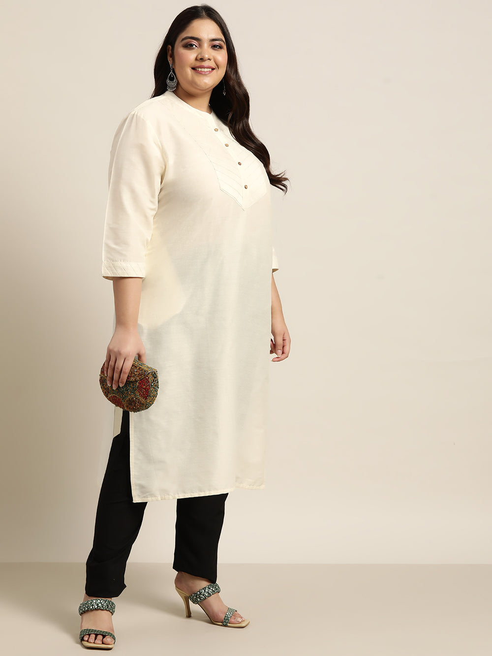 Juniper Women`S Beige Tussar Silk Festive Wear Solid Straight Kurta