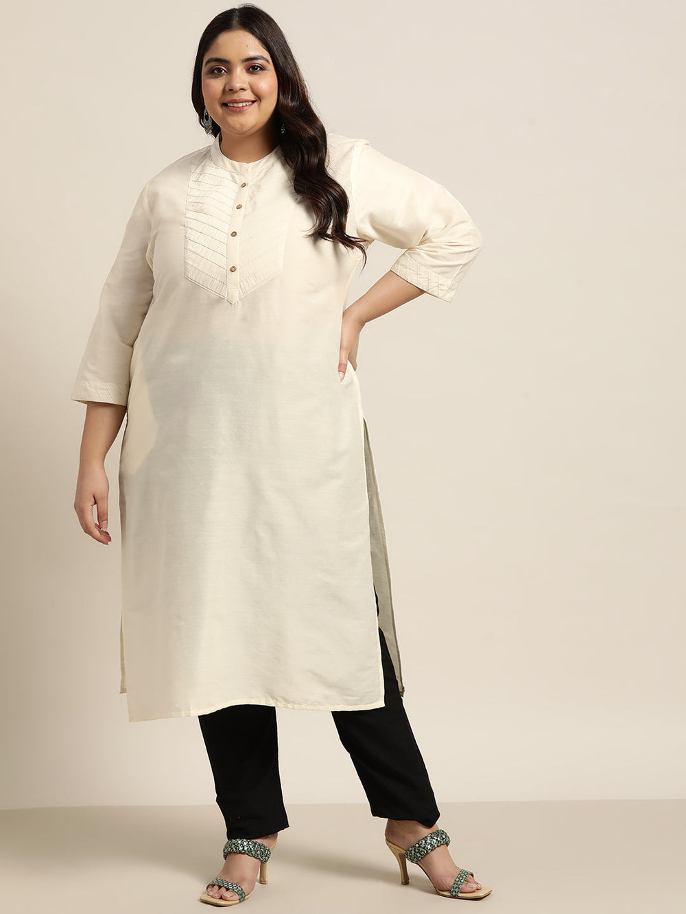 Juniper Women`S Beige Tussar Silk Festive Wear Solid Straight Kurta
