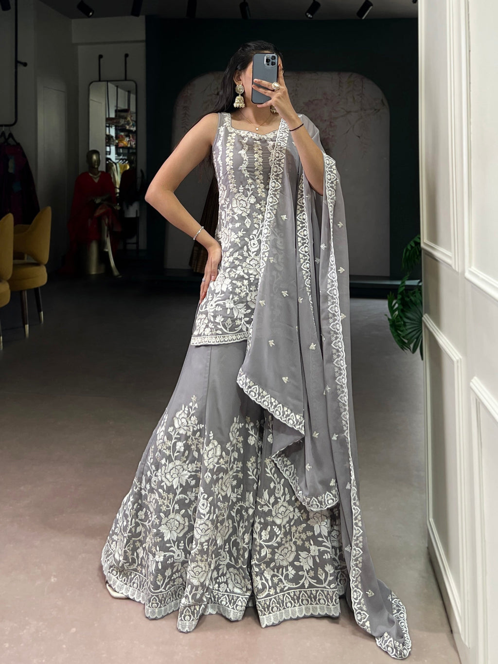Lorenvalley Fashion Star Georgette Sequins and Thread Embroidery Work Kurta Palazzo Set