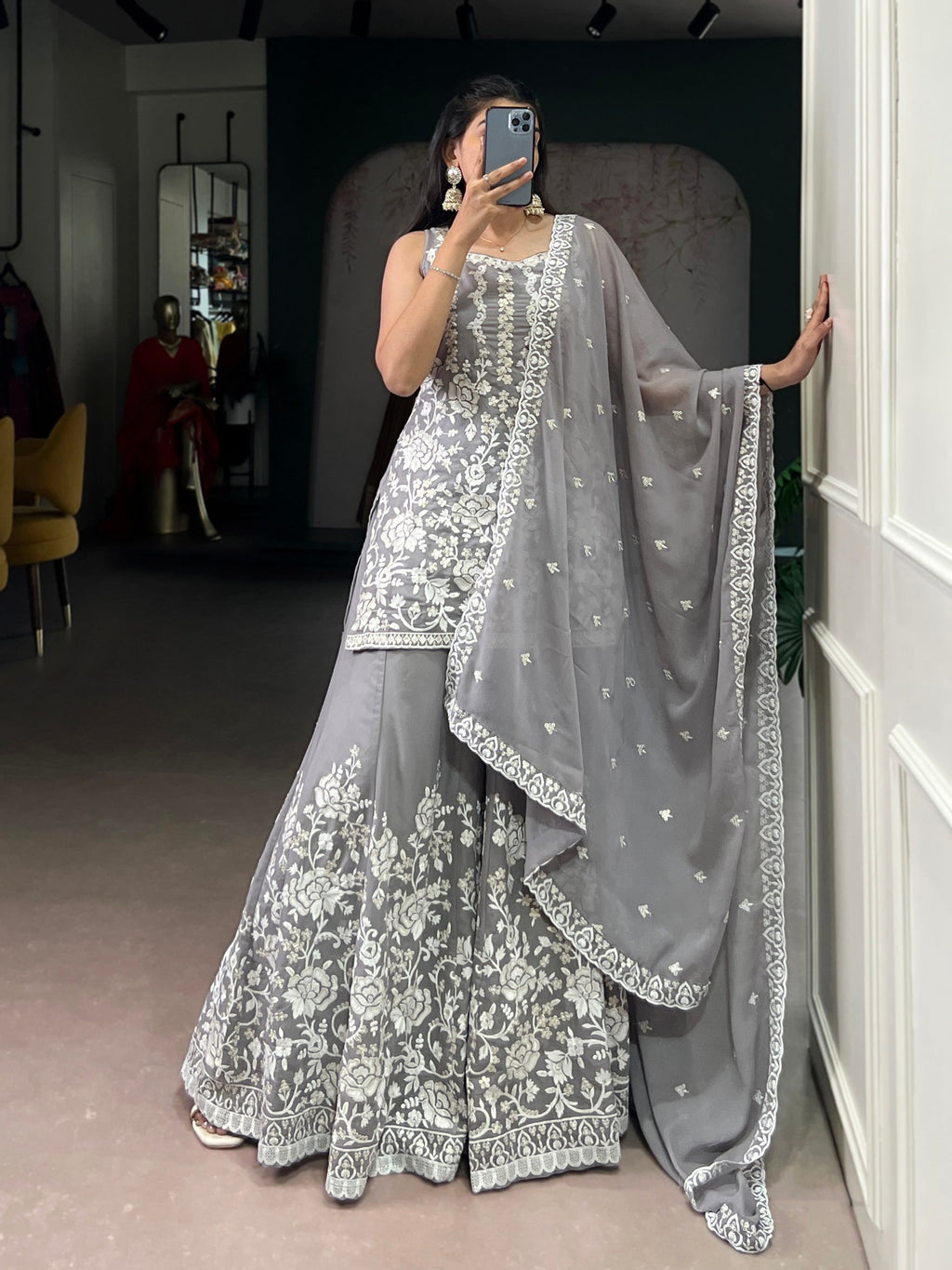 Lorenvalley Fashion Star Georgette Sequins and Thread Embroidery Work Kurta Palazzo Set