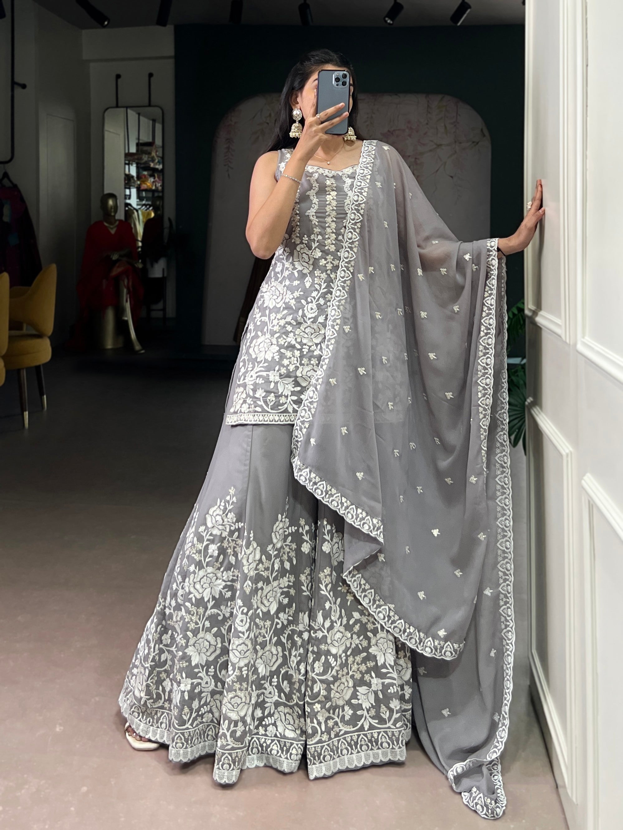 Lorenvalley Fashion Star Georgette Sequins and Thread Embroidery Work Kurta Palazzo Set