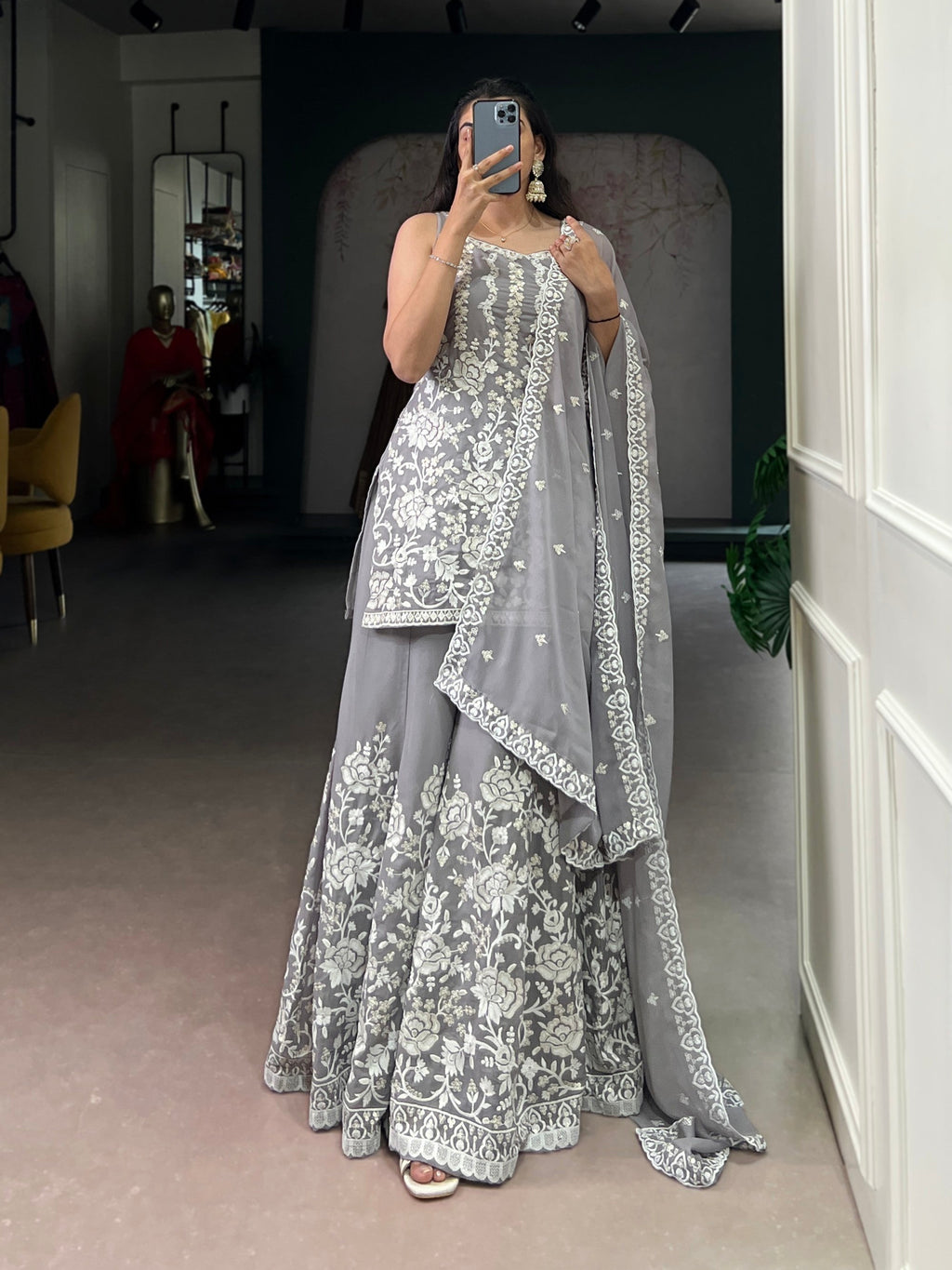 Lorenvalley Fashion Star Georgette Sequins and Thread Embroidery Work Kurta Palazzo Set