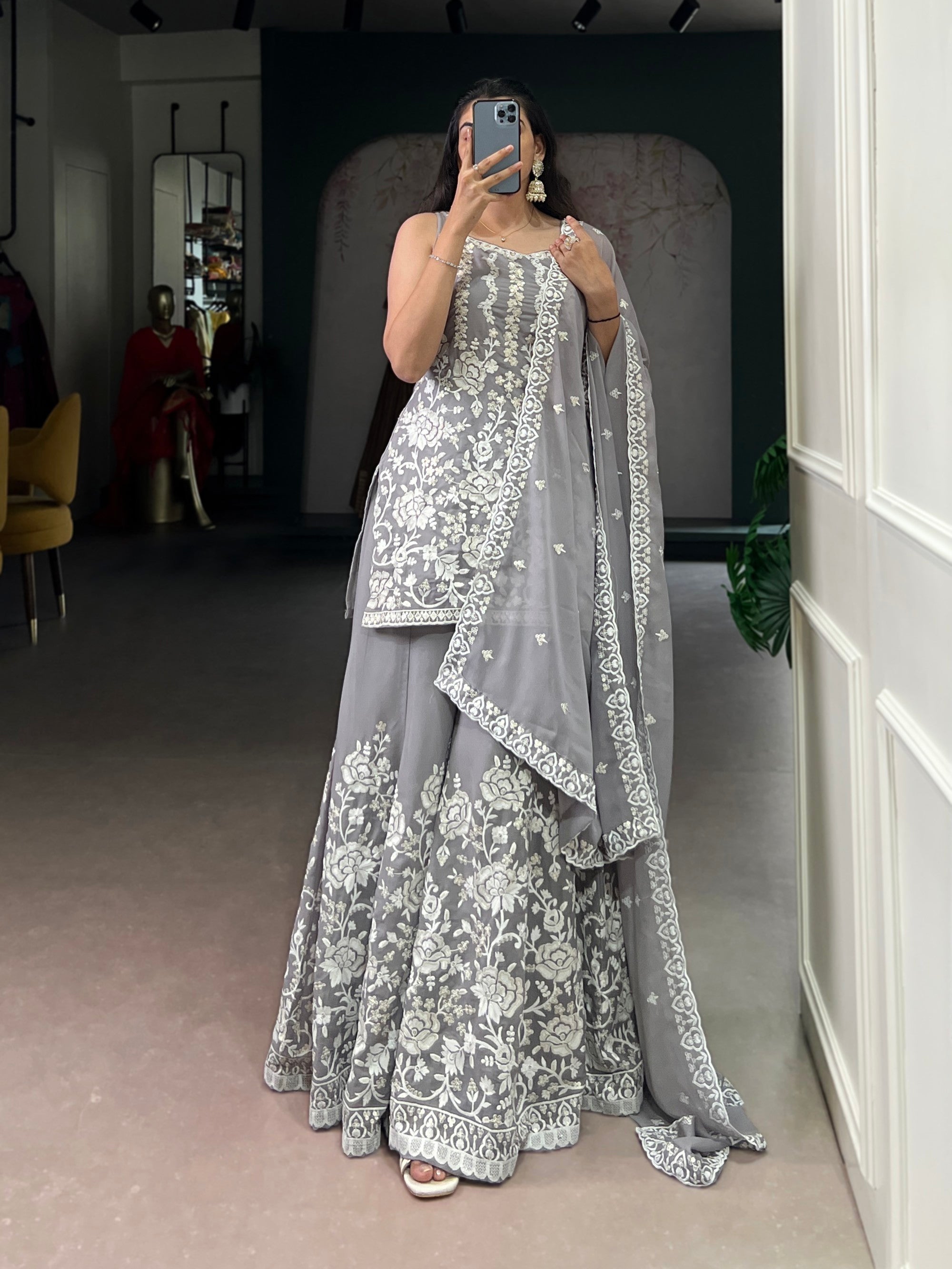 Lorenvalley Fashion Star Georgette Sequins and Thread Embroidery Work Kurta Palazzo Set