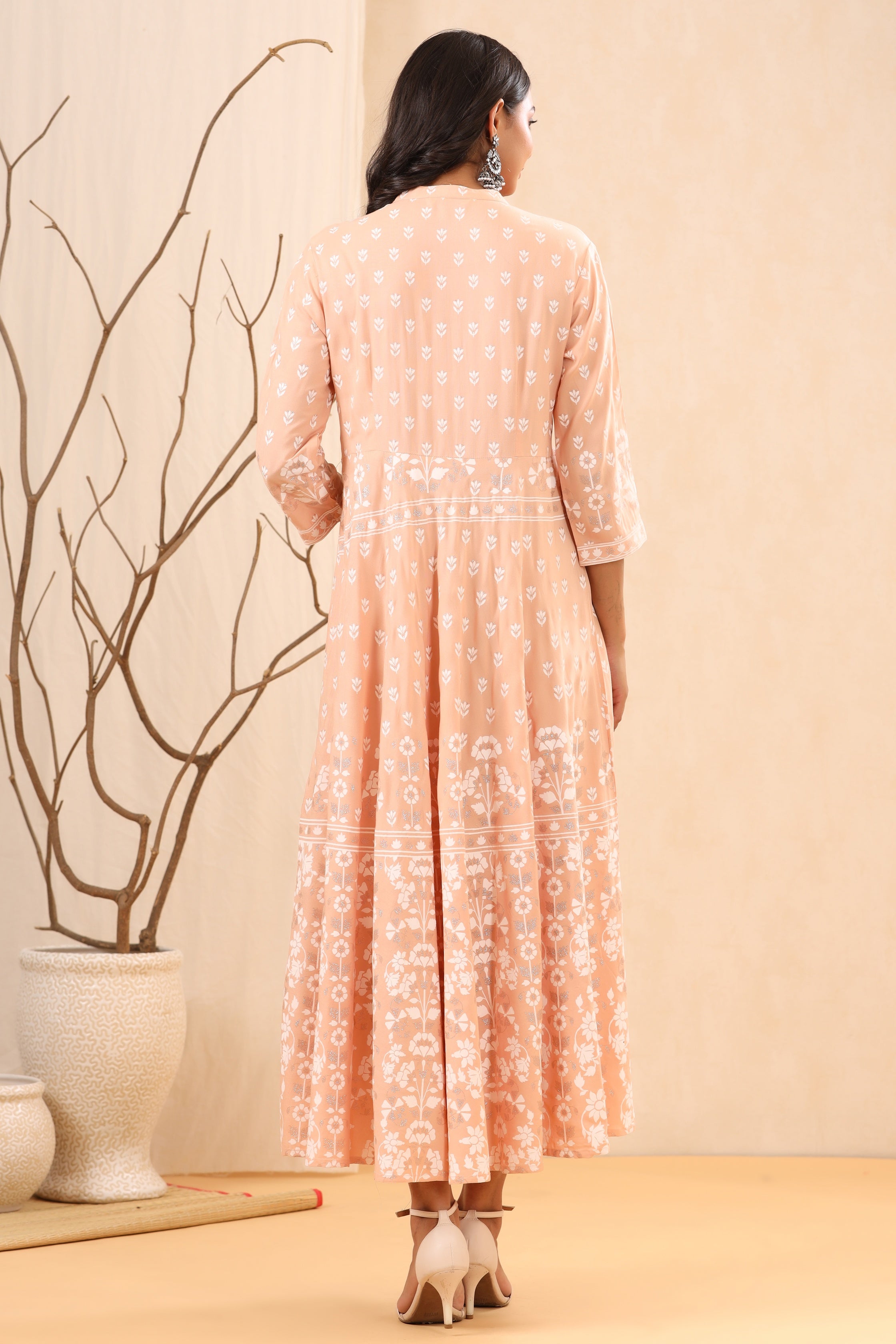 Juniper Women's Peach Ethnic Motif Printed Rayon Maxi Dress