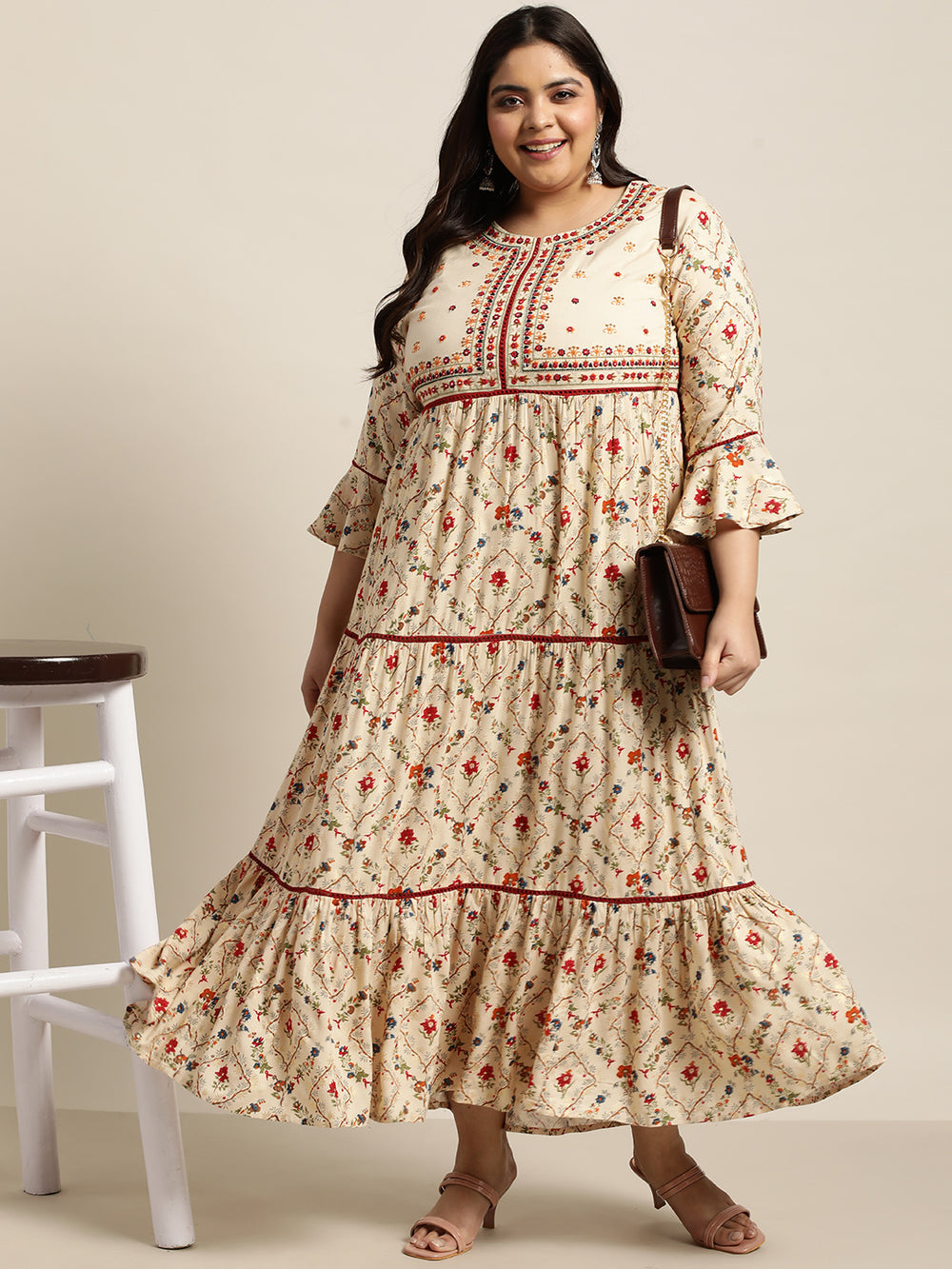 Juniper Women`s Beige Rayon Festive Wear Embroidered & Printed Tiered Dress