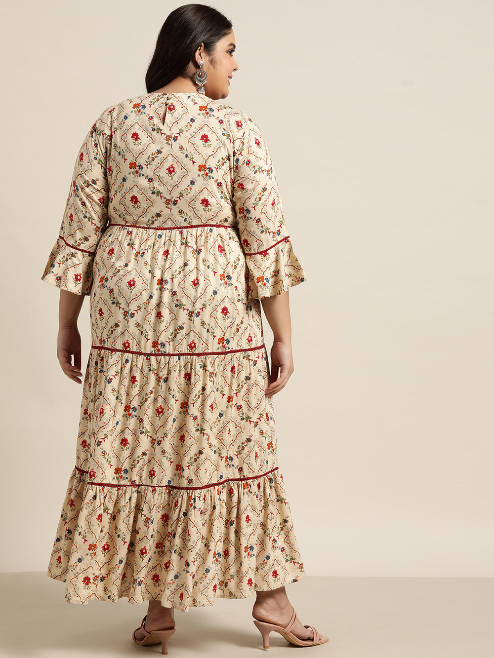 Juniper Women`s Beige Rayon Festive Wear Embroidered & Printed Tiered Dress