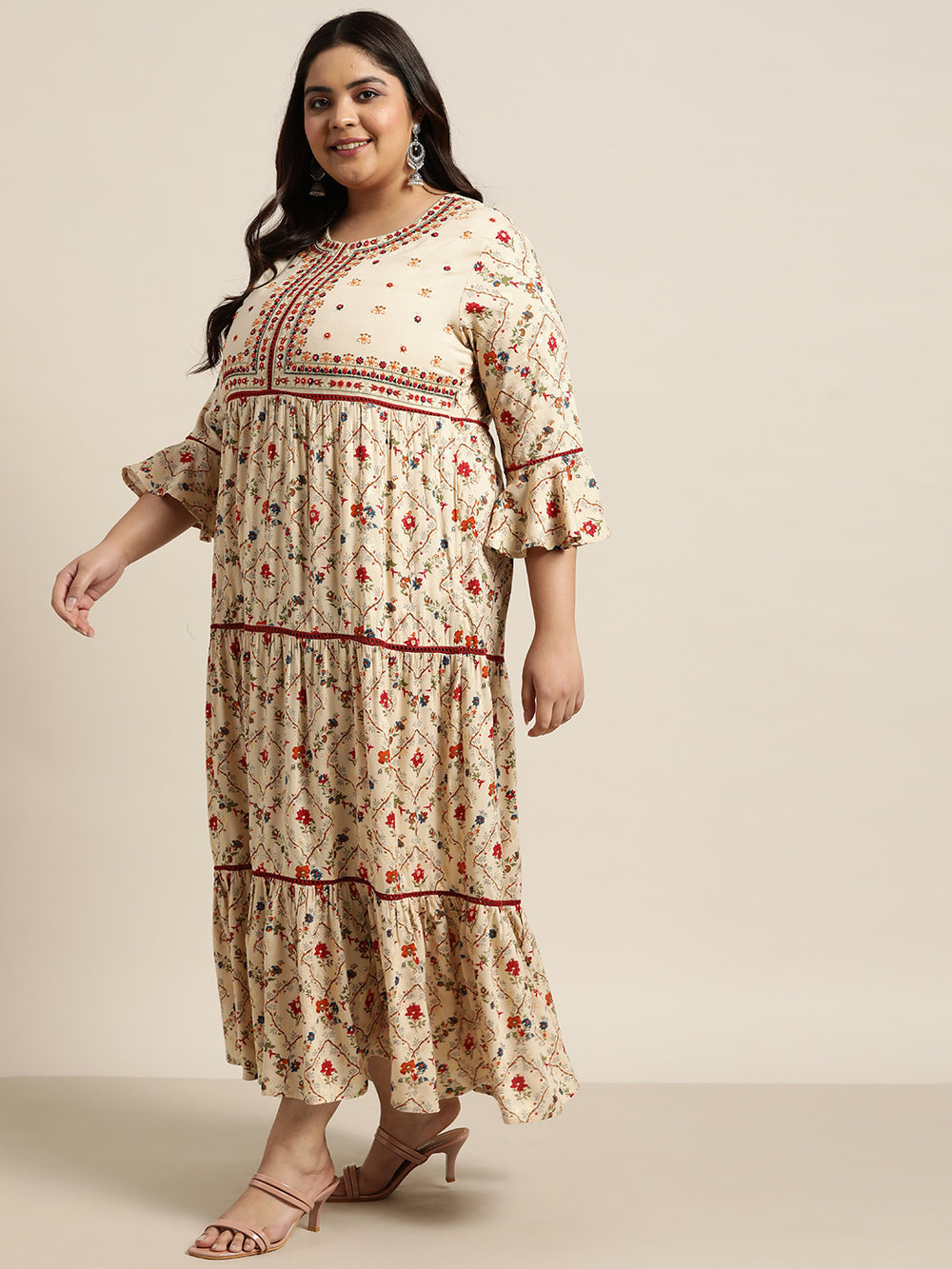 Juniper Women`s Beige Rayon Festive Wear Embroidered & Printed Tiered Dress