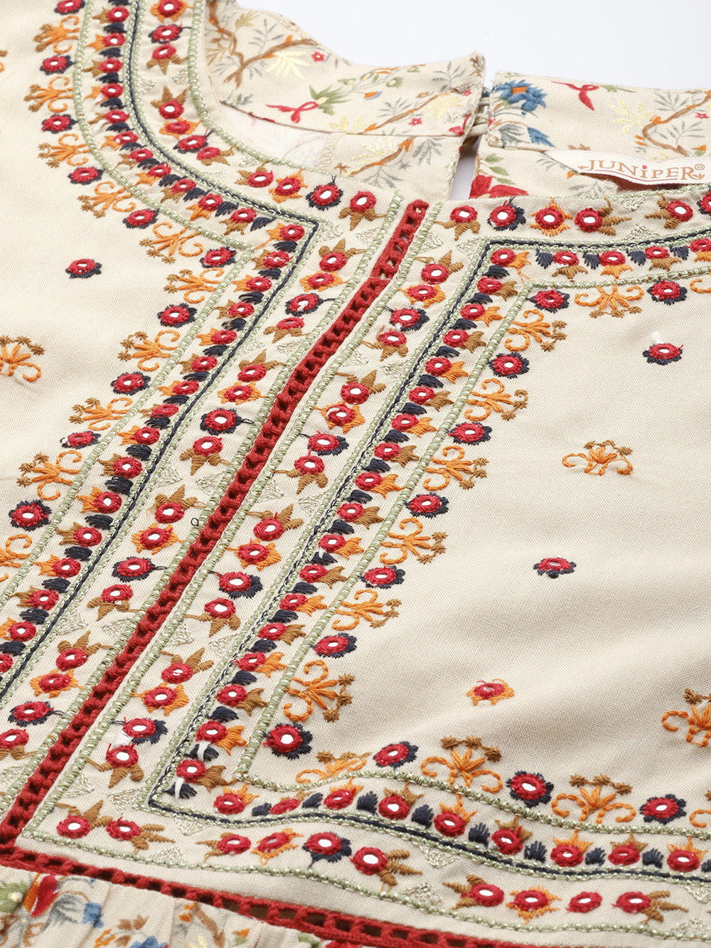 Juniper Women`s Beige Rayon Festive Wear Embroidered & Printed Tiered Dress